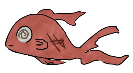 水彩調の横向きの体調不良な赤い金魚のイラスト