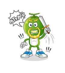 green coconut head cartoon knights attack with sword. cartoon vector