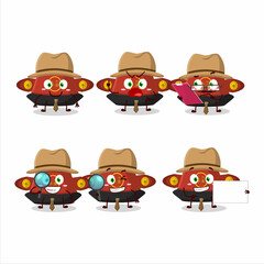 Obraz premium Detective red chinese hat cute cartoon character holding magnifying glass