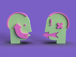 positive listening and understanding and angry person, talking heads 3d illustration - obrazy, fototapety, plakaty