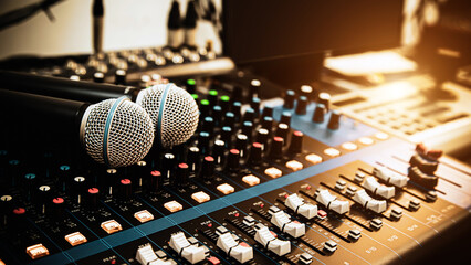 Close-up microphone and sound mixer in studio for sound record control system and audio equipment...