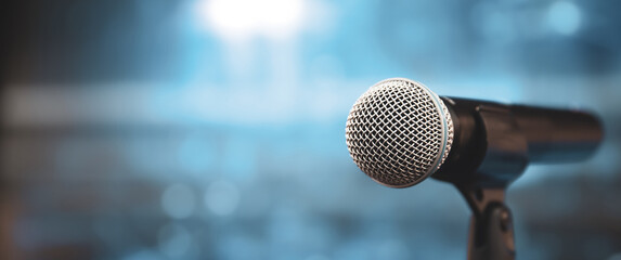 Microphone Public speaking background, Close up microphone on stand for speaker speech presentation...
