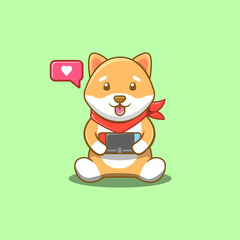 Cute dog shiba playing video game portable vector illustration