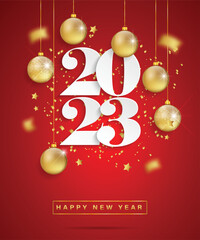 Happy new year 2023. White paper numbers with golden Christmas decoration and confetti on red background. Holiday greeting card design. Illustrator