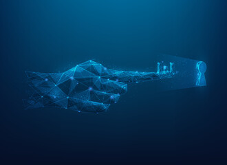hand finger key success low poly wireframe. key digital technology concept. consisting of dots, lines, and shapes. vector illustration fantastic technology design. isolated on blue dark background.