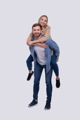 Girl Riding Man Back. Man Holding Girl. Couple Isolated. Girl on Man Back Sitting. Love