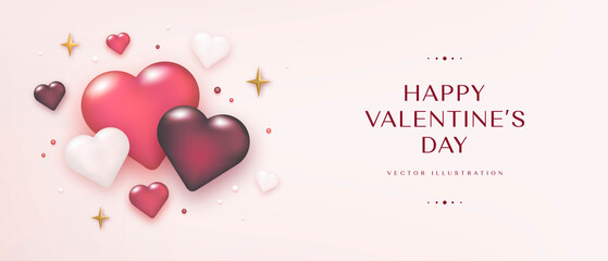 Obraz na płótnie Canvas Happy valentine's day greeting banner with the decor of realistic hearts. Festive horizontal background. Vector illustration