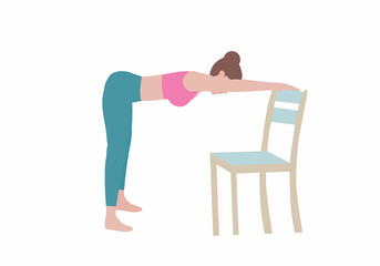 Yoga Exercises that can be done at home using a sturdy chair. Downward Facing Dog of chair Yoga Pose. Cartoon style.