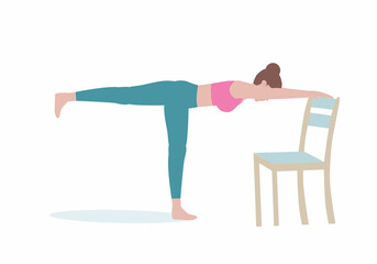 Yoga Exercises that can be done at home using a sturdy chair.Yoga and weight loss. cartoon Style.