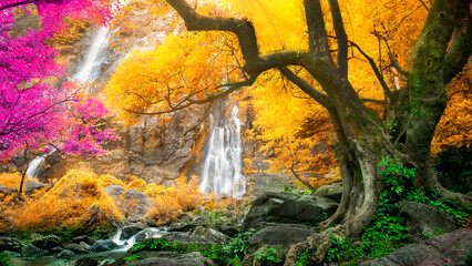 Amazing in nature, beautiful waterfall at colorful autumn forest in fall season.	
