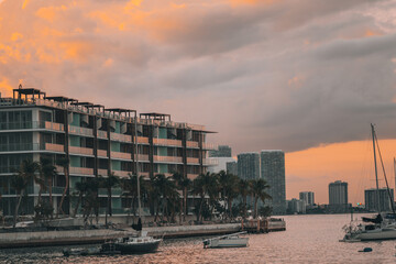 sunset in the city clouds new hotel miami sky marina boats palms tropical place vacation beach 
