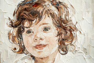 .Cute beautiful girl holding her hair. Fragment of oil painting on canvas. .Portrait of a child with brown eyes and brown hair.