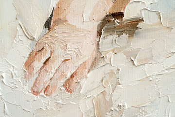 Fragment of art. Woman's hand on white background. Oil painting on canvas.