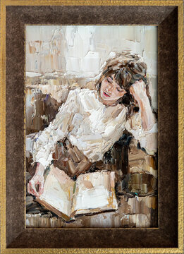 A young girl reads an interesting book on a light warm background. Oil painting on canvas.