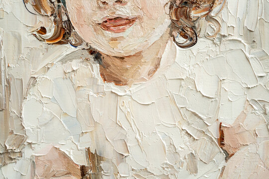 .Cute beautiful girl holding her hair. Fragment of oil painting on canvas. .Portrait of a child with brown eyes and brown hair.
