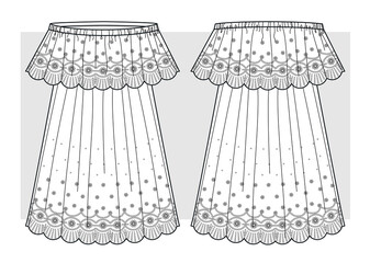 Summer woven dress with lace trimming on bottom. Technical sketch.