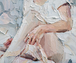 Portrait of a little cute girl. Ballerina is preparing for a performance on a white background. Oil painting on canvas.