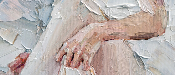 Portrait of a little cute girl. Ballerina is preparing for a performance on a white background. Oil painting on canvas.