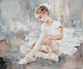 Portrait of a little cute girl. Ballerina is preparing for a performance on a white background. Oil painting on canvas.