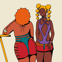 Queer people standing up talking at a bar or club