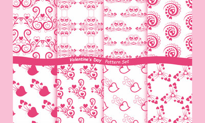 Seamless Vector Patterns With Pink Hearts on White Background Valentine’s Day Hand-Art Background Collection.