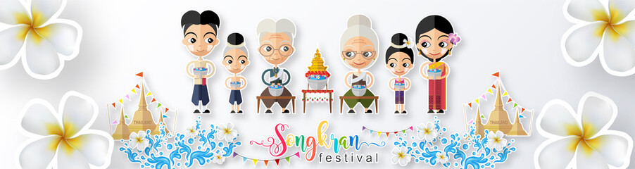 Songkran Festival, Thailand travel concept - The Most Beautiful Places To Visit In Thailand in flat style. ( Translation thai : Songkran )