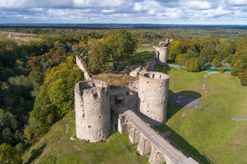 Fototapeta na wymiar View of the ancient fortress in Koporye on a September sunny day (aerial view). Leningrad region, Russia
