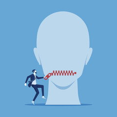 Businessman uses zipper to seal the giant's mouth, no speaking or shut up concept © treety