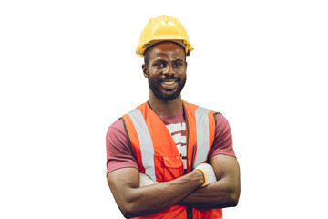 Portrait African black worker standing smile isolated on white background - obrazy, fototapety, plakaty