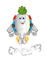 white radish with jetpack mascot. cartoon vector