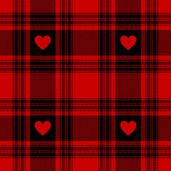 Plaid pattern in red and black for Valentines Day print. Seamless stitched buffalo check with cute hearts for flannel shirt, blanket, duvet cover, other modern spring autumn winter fashion design.