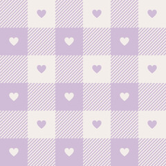 Gingham check plaid pattern for Valentines Day in pastel lilac and off white. Seamless tartan with cute hearts for gift paper, dress, jacket, coat, skirt, other spring summer holiday textile print. - 483520122