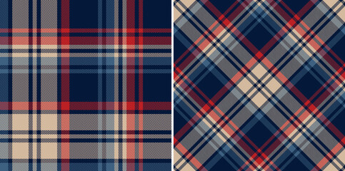 Tartan plaid pattern in navy blue, red, beige. Seamless herringbone textured large asymmetric check plaid set for blanket, duvet cover, throw, scarf, other modern spring autumn winter textile design. - 483520125