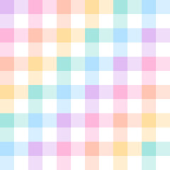 Geometric vector pattern for spring summer. Colorful pastel gingham tartan check plaid in purple, orange, green, yellow, white for gift paper, tablecloth, picnic blanket, other Easter holiday design. - obrazy, fototapety, plakaty