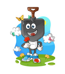 shovel head cartoon pick flowers in spring. character vector
