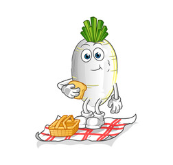 white radish on a picnic cartoon. cartoon mascot vector