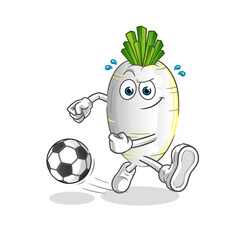 Naklejka premium white radish kicking the ball cartoon. cartoon mascot vector