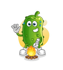 cucumber roasting marshmallows. cartoon mascot vector