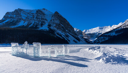 Lake Louise winter festival ice carving and ice skating rink. Banff National Park, Canadian...