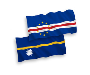National vector fabric wave flags of Republic of Cabo Verde and Republic of Nauru isolated on white background. 1 to 2 proportion.