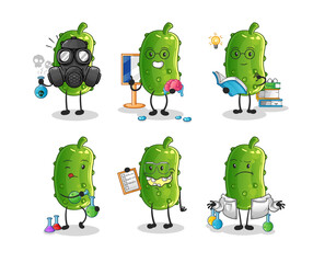cucumber scientist group character. cartoon mascot vector