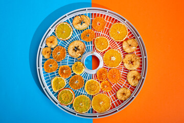 Dried apples, lemon and orange on the frame for drying on a colored background