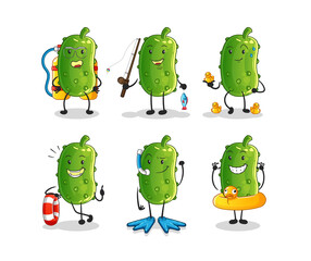 cucumber water activity group. cartoon mascot vector