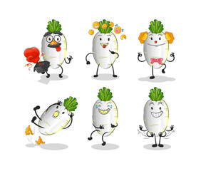 white radish comedy set character. cartoon mascot vector