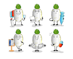 white radish doctor group character. cartoon mascot vector