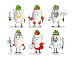 white radish warrior group character. cartoon mascot vector