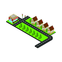 Village area isometric vector illustration of countryside with many buildings and houses, streets, trees