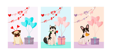 A set of postcards with cute dogs. Cartoon design.
