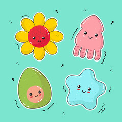 Naklejka premium Vector illustrations Hand drawn of design cartoon characters. stamps or stickers with abstract funny cute comic characters.