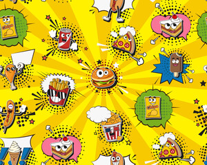 Fototapeta premium Vector flat seamless texture pattern Hand drawn flat trendy cartoon elements collection Fast Food